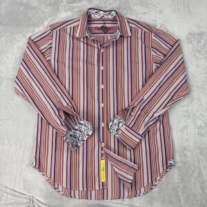 Robert Graham Striped Shirt Mens Size L Paisley Contrast Trim 100% Cotton Preppy